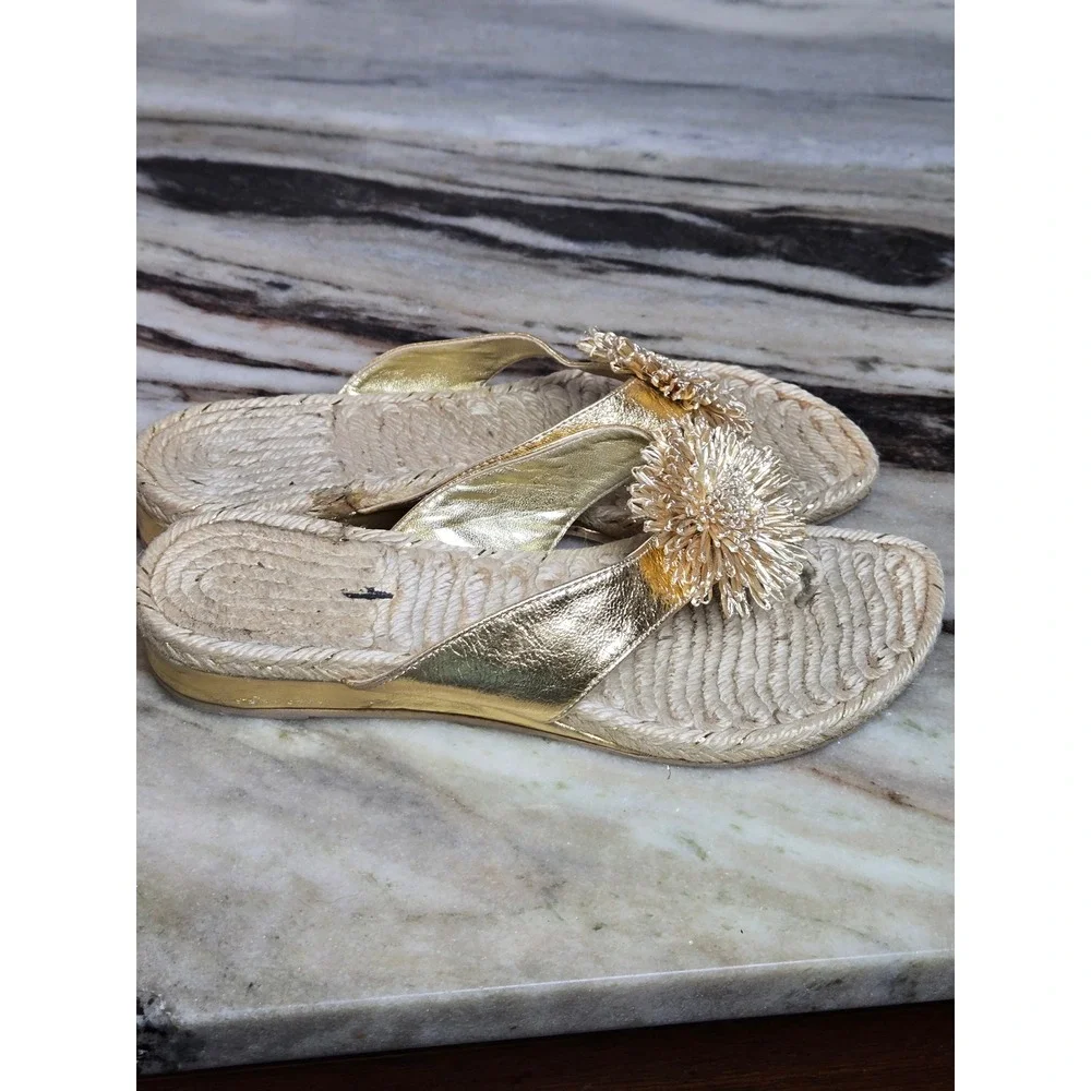 Gold Metallic Espadrille Thong Sandals Beaded Flower Pom Pom‎ Made in Spain 9B
